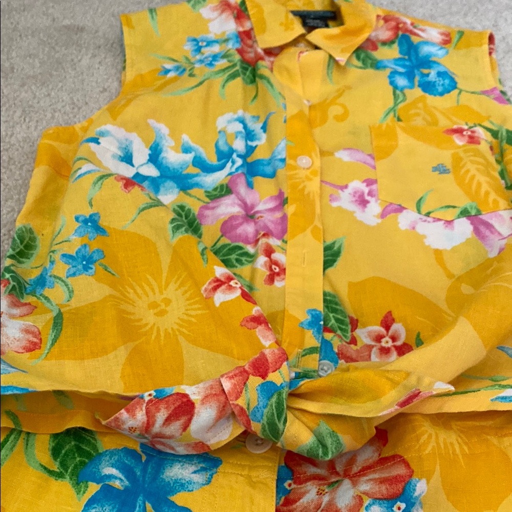 Vintage Ralph Lauren linen floral Yellow high-waisted shorts and top, S - Picture 3 of 15